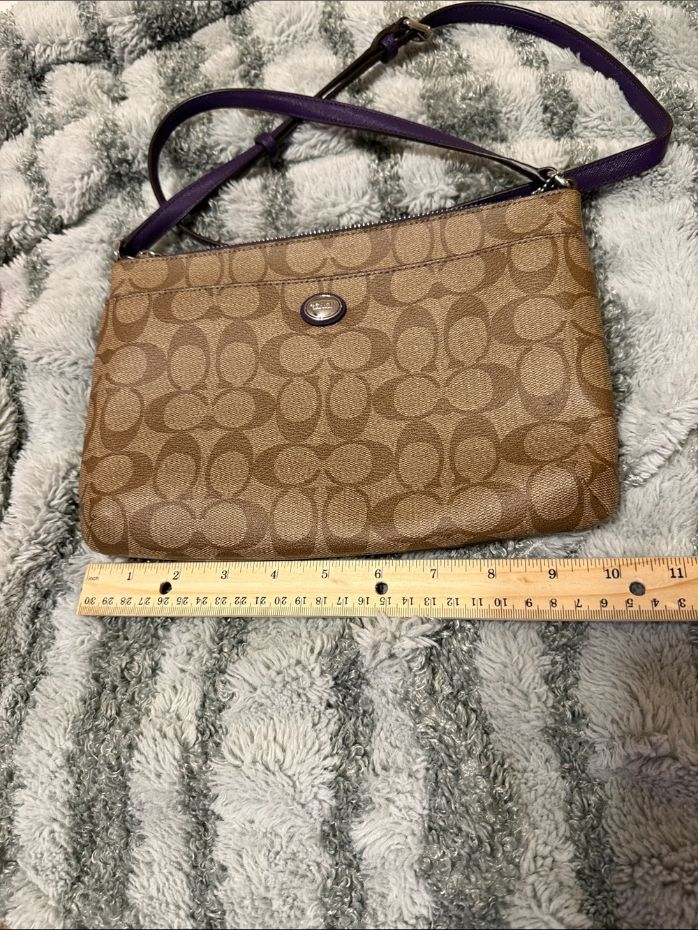 Coach Brown Signature Canvas Crossbody with Purple Strap